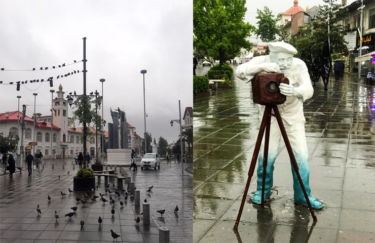 میدان شهرداری و پیاده رو علم الهدی رشت در یک روز بارانی 