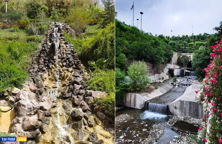 رودخانه جاری در کنار پارک و آبشار مصنوعی