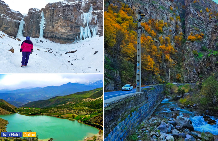 جاده چشم نواز چالوس در کنار تصویری از آبشار هریجان یخ زده و دریاچه ولشت